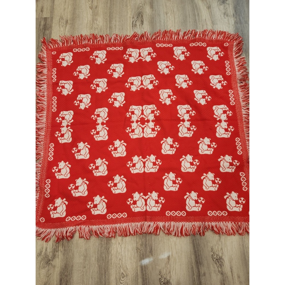 VTG Lord & Taylor Teddy‎ Bear Baby Blanket Fringe Edges Red And White Reversible
